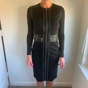 Catherine Deane LBD black leather and zipper accents, mesh sleeves